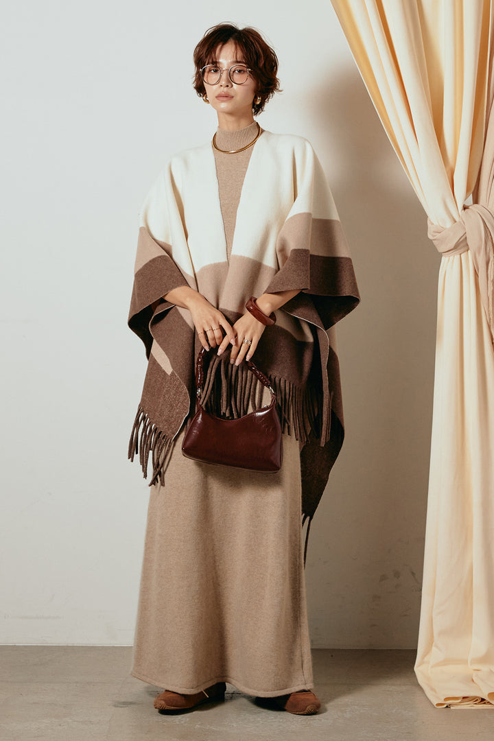 [SET]裾フリンジ柄ポンチョアウター+ノースリーブニットロングワンピース(2set)