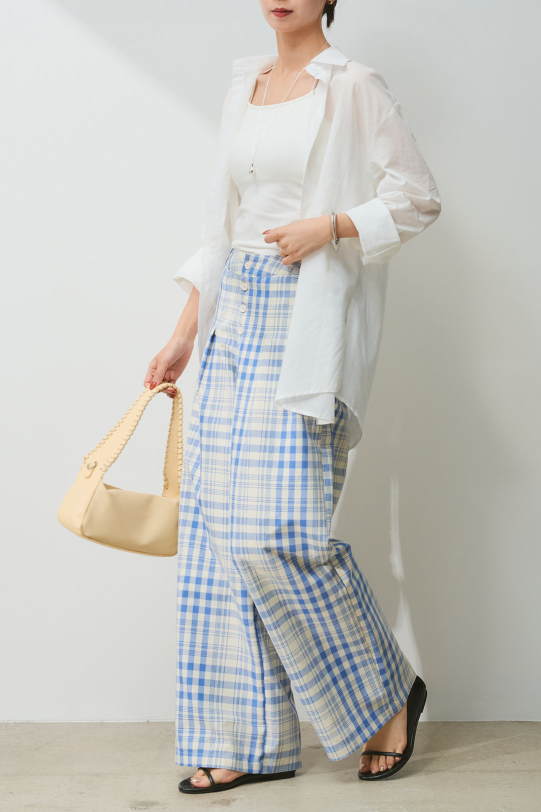 [SET]バックオープンオーバーシャツ+フロントボタンチェックパンツ(2set)