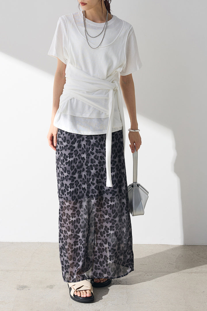 [SET]フロントタイTシャツ+レオパード柄ストレートスカート(2set)