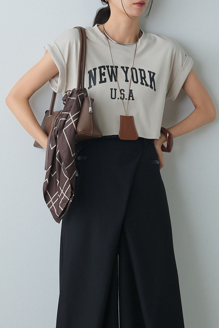 [SET]ショート丈NEWYORKロゴTシャツ+ベルト付きクロスデザインパンツ(2set)