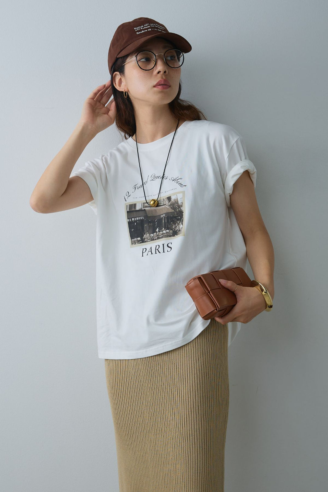 [SET]PARISフォトTシャツ+パッド付きスクエアネックリブニットワンピース(2set)
