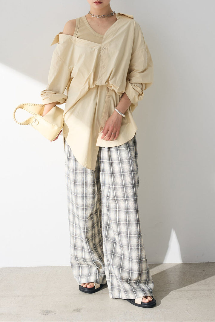 [SET]タンク付きアシメシャツ+タータンチェックワイドパンツ(2set)