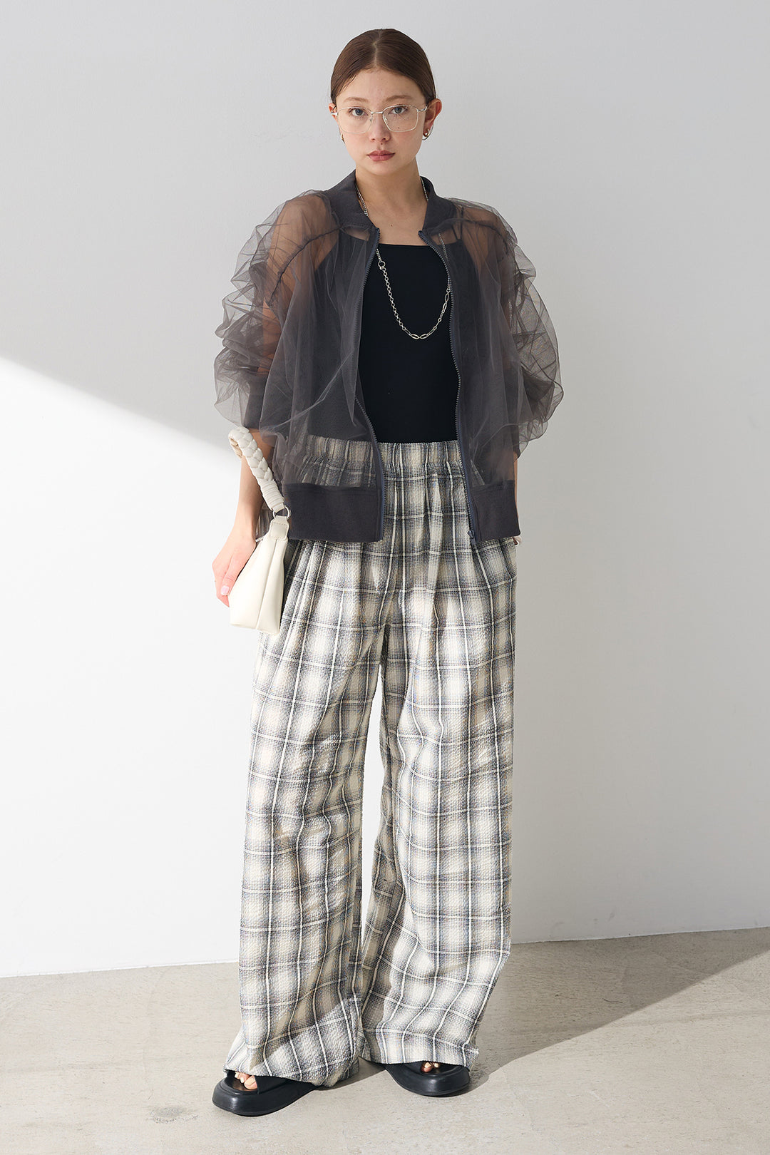 [SET]ロマンティックチュールブルゾン+タータンチェックワイドパンツ(2set)