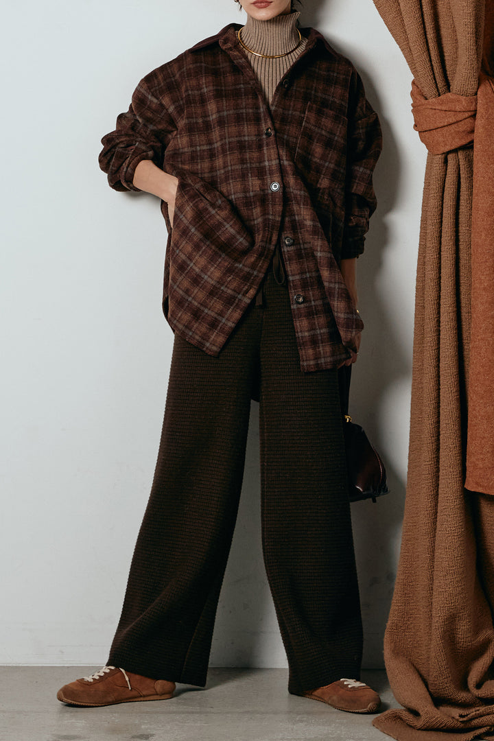 [SET]シャギーチェックシャツジャケット+ワイドリブニットイージーパンツ(2set)