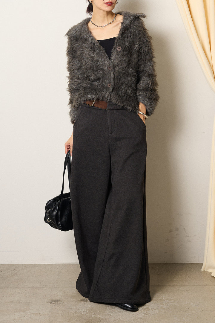 [SET]襟付きシャギーニットカーディガン+サイドベルトパンツ(2set)