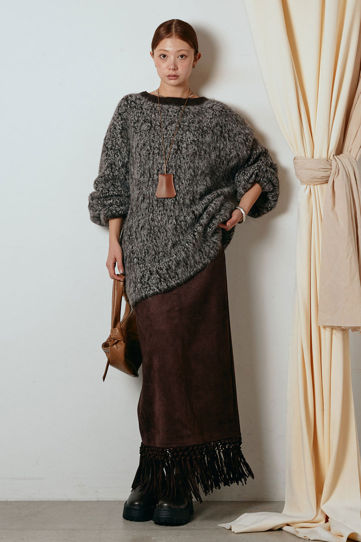 [SET]ボリュームスリーブミックスニットトップス+スウェードライク裾フリンジスカート(2set)
