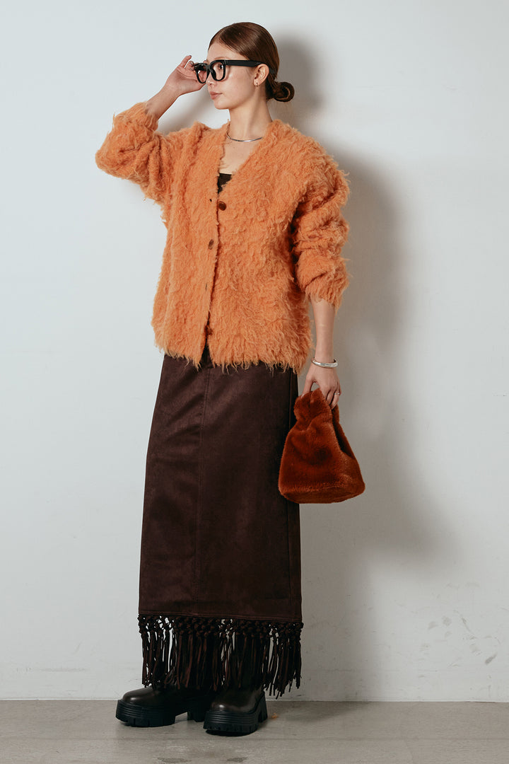 [SET]ルーズシャギーニットカーディガン+スウェードライク裾フリンジスカート(2set)