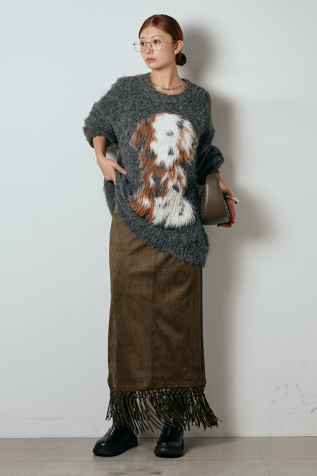 [SET]シャギーニュアンスアニマルニット+スウェードライク裾フリンジスカート(2set)