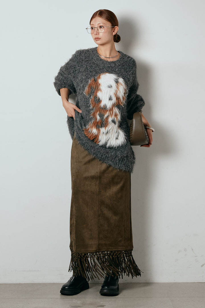 [SET]シャギーニュアンスアニマルニット+スウェードライク裾フリンジスカート(2set)