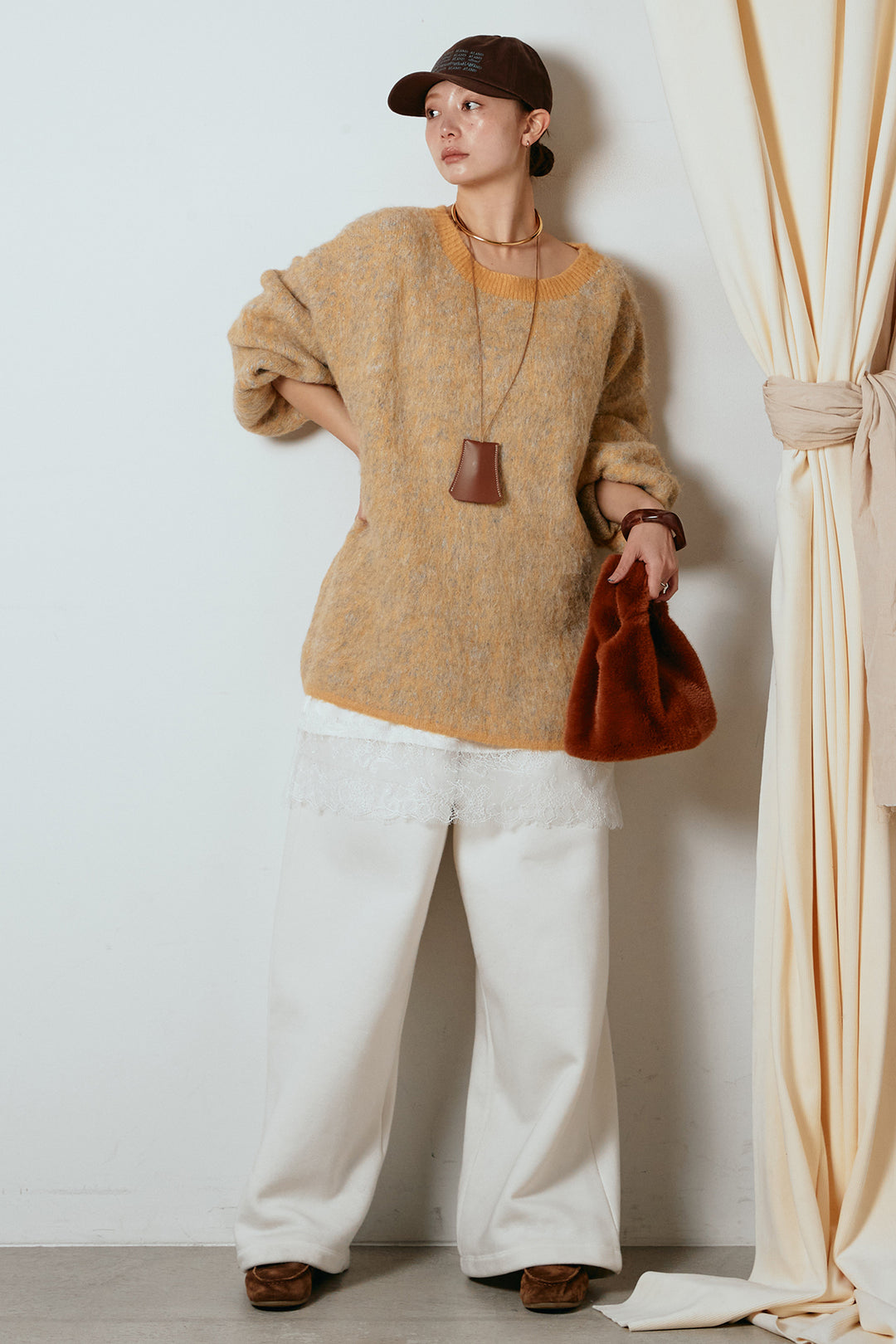 [SET]ボリュームスリーブミックスニットトップス+裏起毛スウェットワイドパンツ+レース切り替えキャミソール(3set)