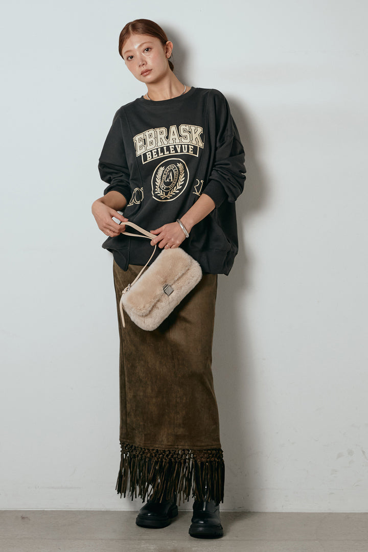 [SET]裏毛カレッジプリントプルオーバー+スウェードライク裾フリンジスカート(2set)