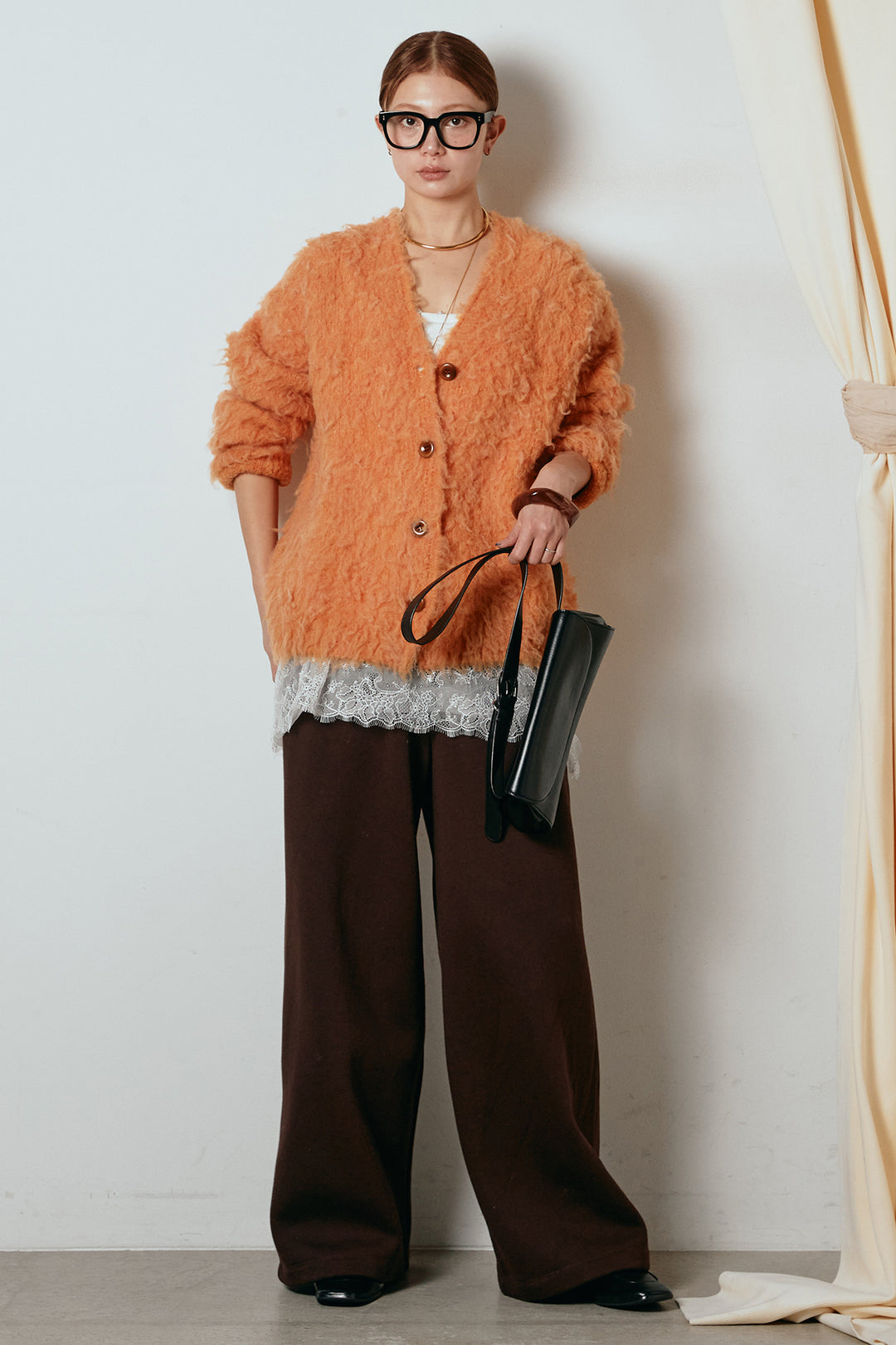 [SET]ルーズシャギーニットカーディガン+裏起毛スウェットワイドパンツ+レース切り替えキャミソール(3set)