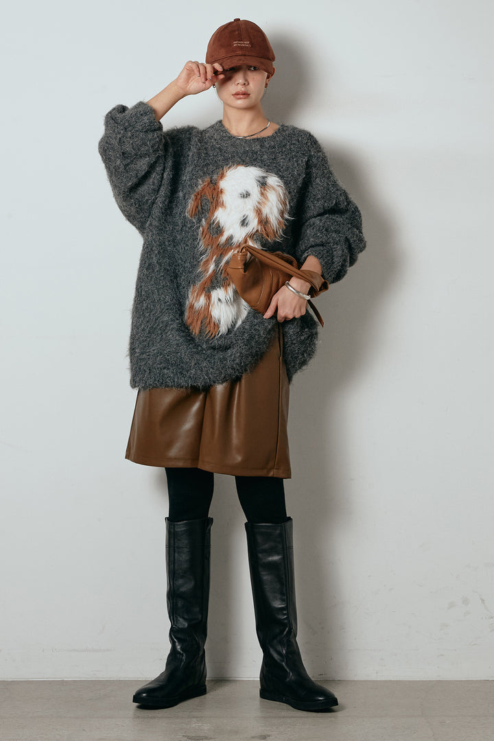 [SET]シャギーニュアンスアニマルニット+ストレッチエコレザーバミューダパンツ(2set)