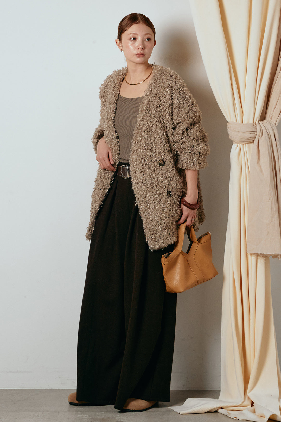 [SET]シープライクファージャケット+フェイクレザー太ベルト付きタックワイドパンツ(2set)