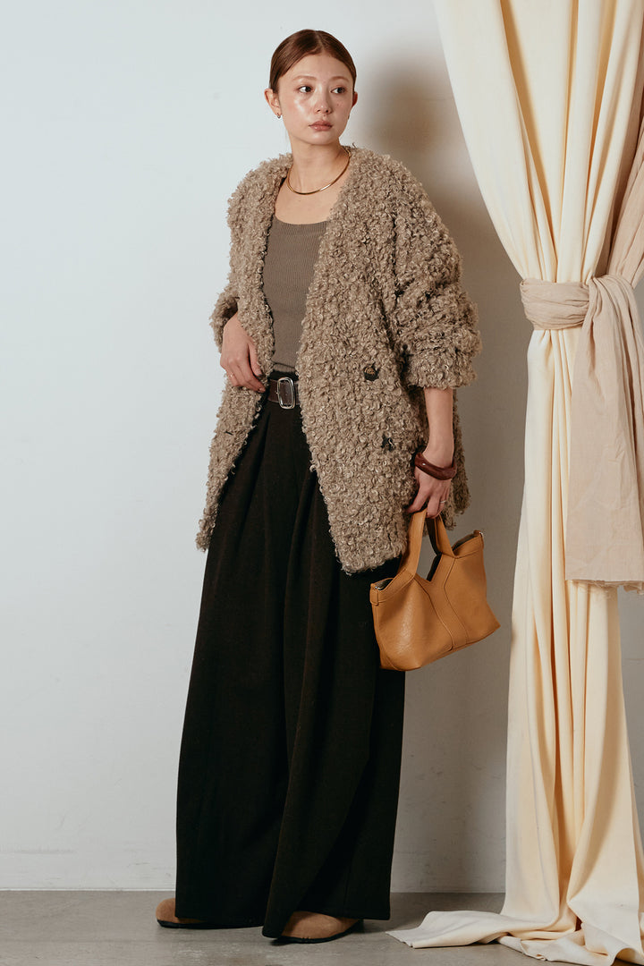 [SET]シープライクファージャケット+フェイクレザー太ベルト付きタックワイドパンツ(2set)