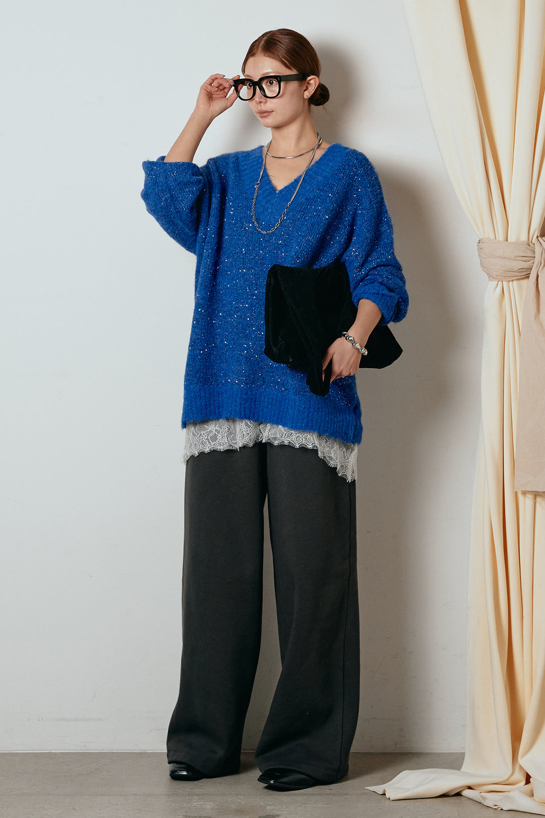 [SET]Vネックルーズラメニットトップス+裏起毛スウェットワイドパンツ(2set)