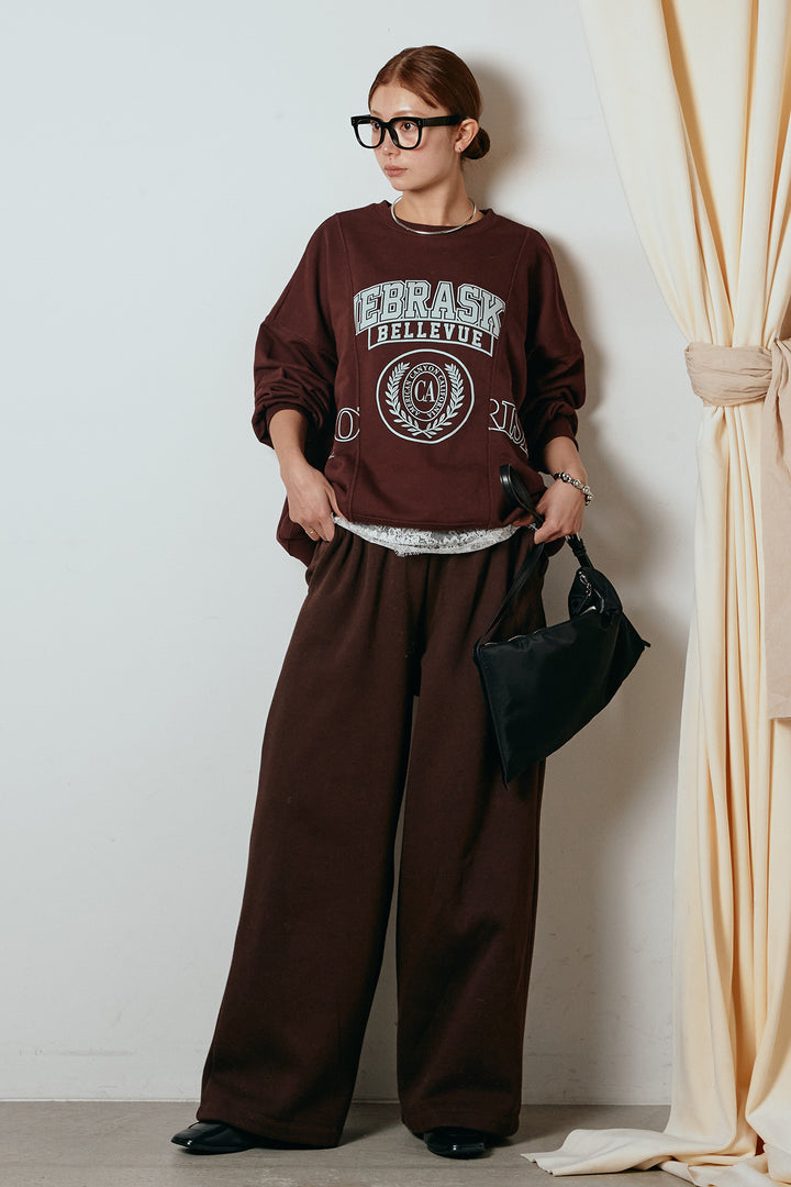 [SET]裏毛カレッジプリントプルオーバー+裏起毛スウェットワイドパンツ+カップ付きレースドッキングキャミソール(3set)