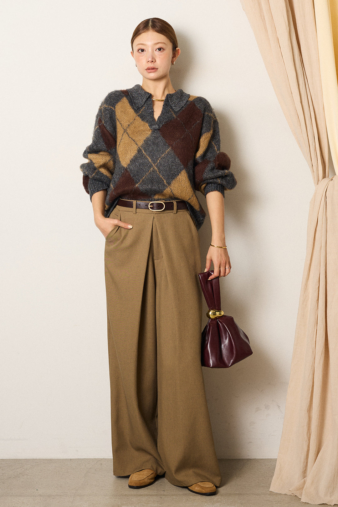 [SET]アクリルモヘアアーガイルキーネックプルオーバー+フロントワイドタックネップ入ワイドパンツ(2set)