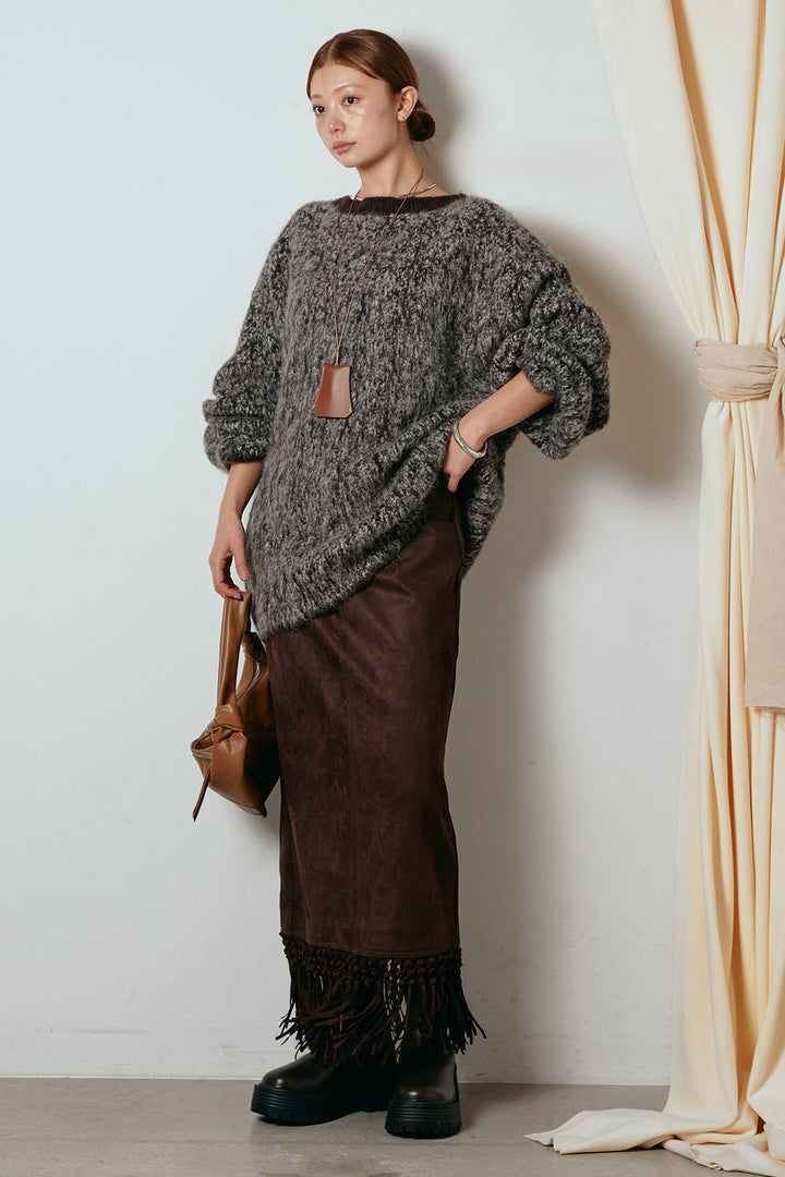 [SET]ボリュームスリーブミックスニットトップス+スウェードライク裾フリンジスカート(2set)