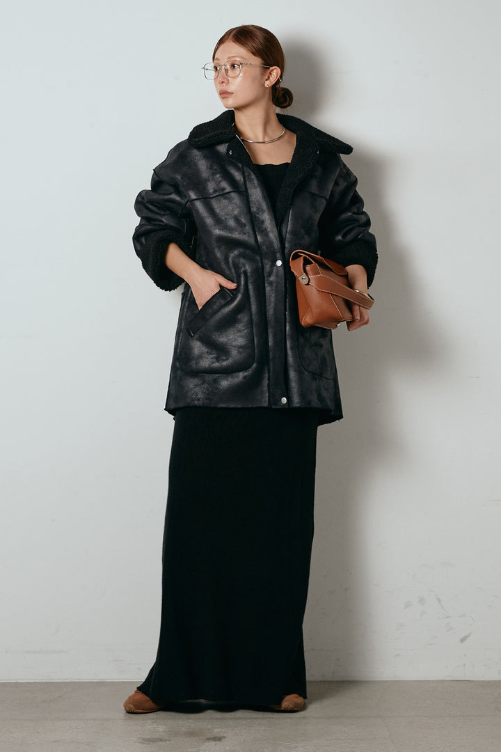 [SET]リバーシブルエコムートンコート+リブナローニットスカート(2set)