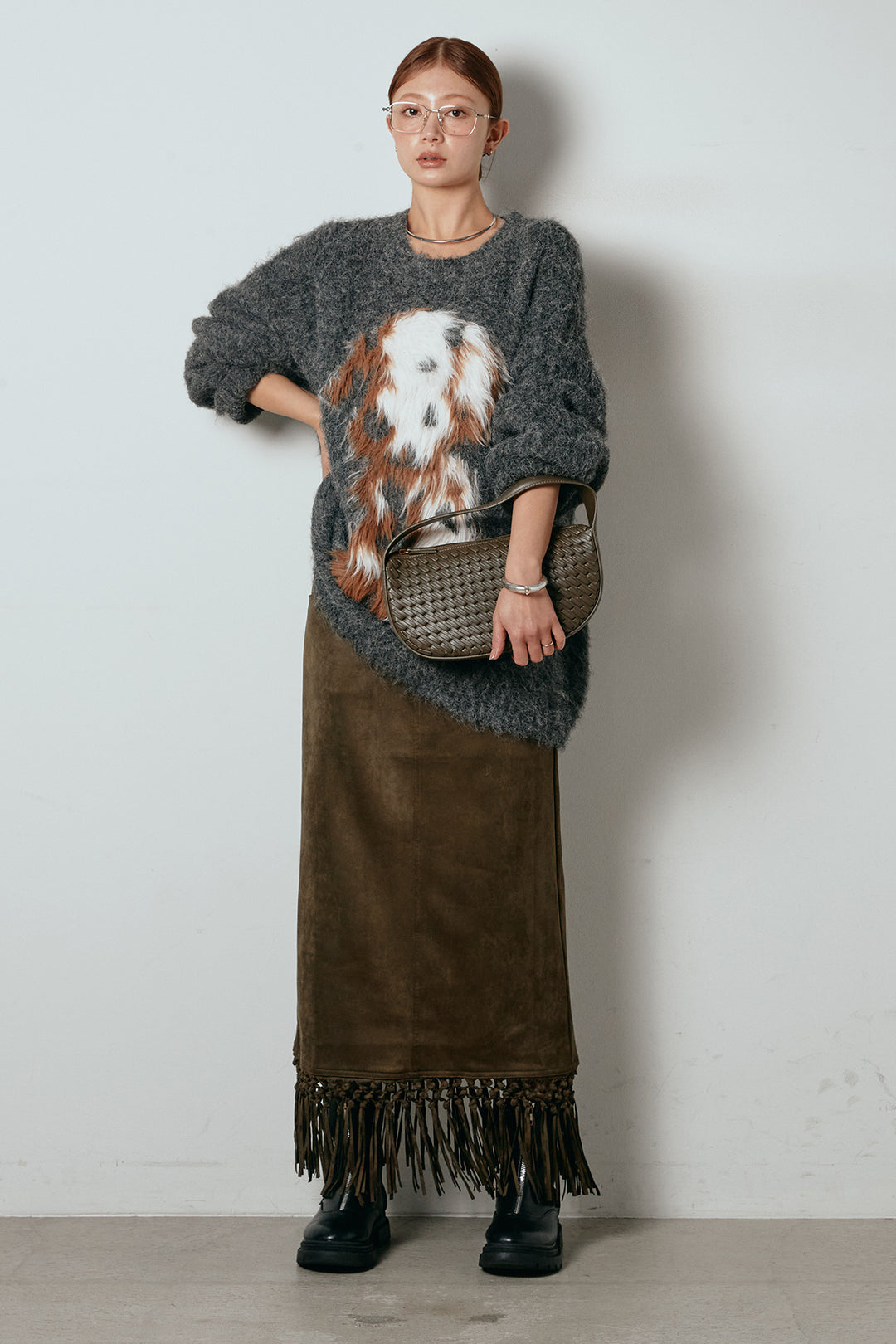 [SET]シャギーニュアンスアニマルニット+スウェードライク裾フリンジスカート(2set)