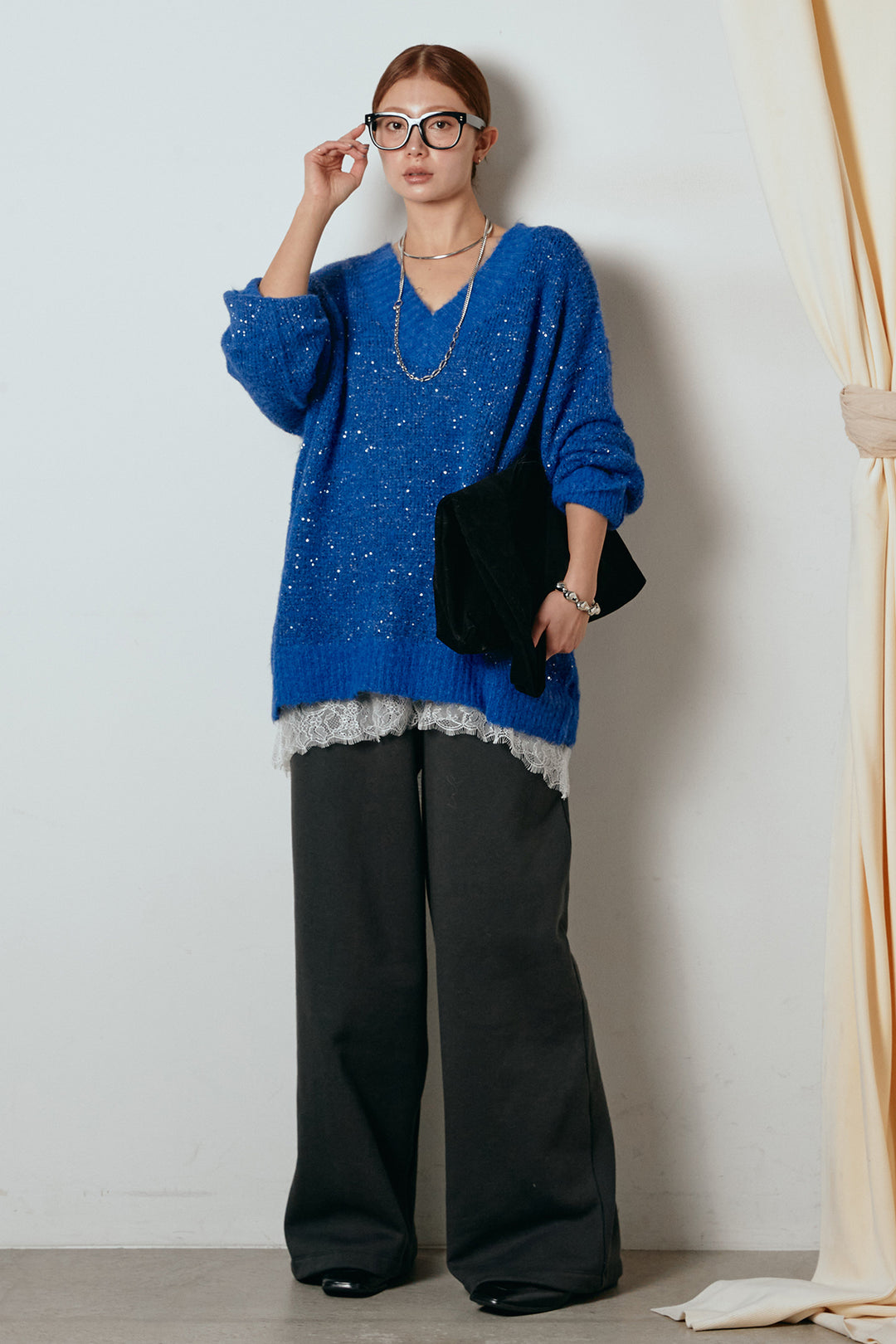 [SET]Vネックルーズラメニットトップス+裏起毛スウェットワイドパンツ+レース切り替えキャミソール(3set)