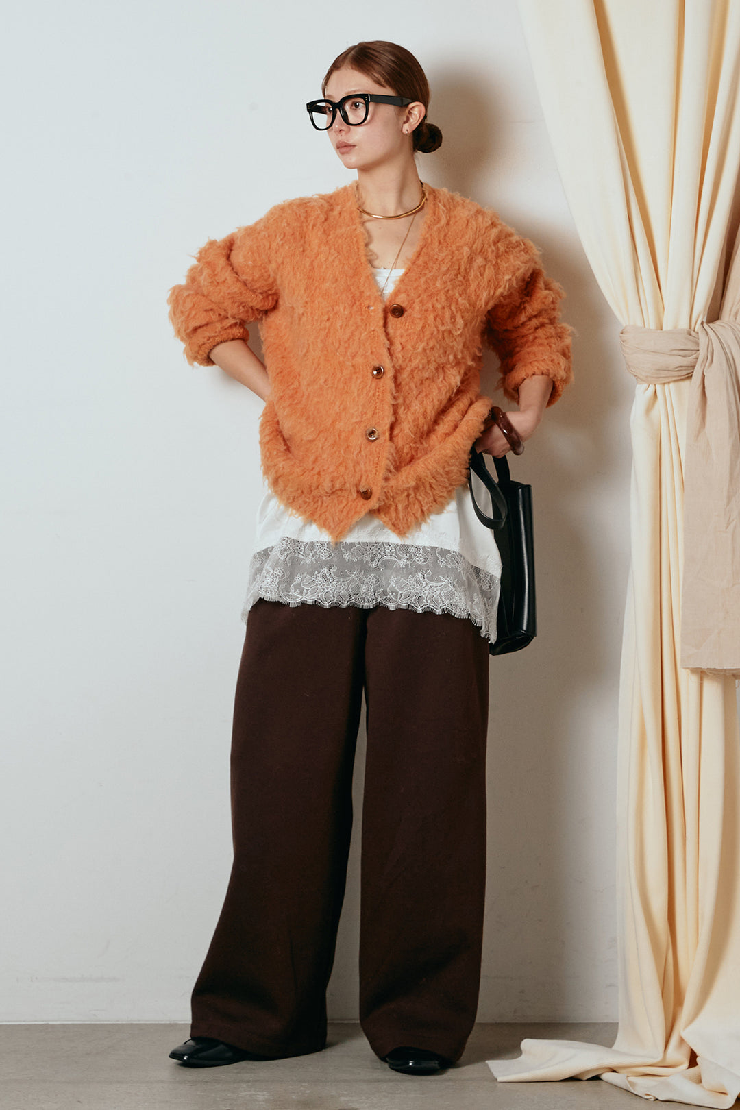 [SET]ルーズシャギーニットカーディガン+レース切り替えキャミソール(2set)