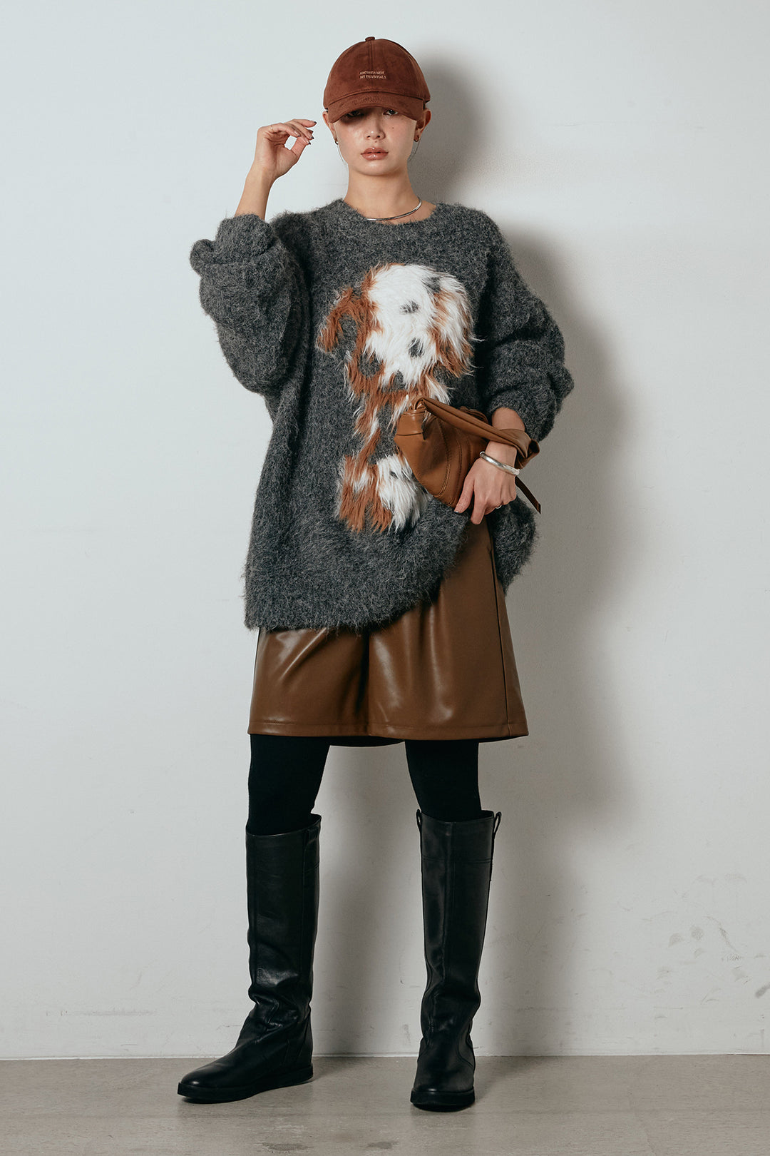 [SET]シャギーニュアンスアニマルニット+ストレッチエコレザーバミューダパンツ(2set)