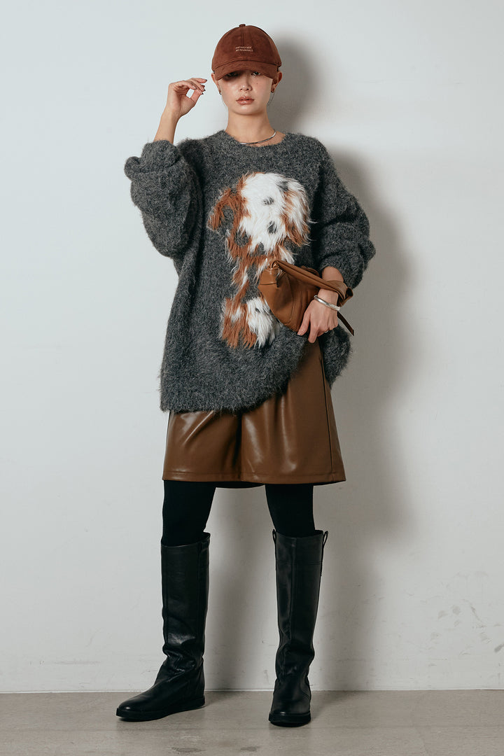 [SET]シャギーニュアンスアニマルニット+ストレッチエコレザーバミューダパンツ(2set)