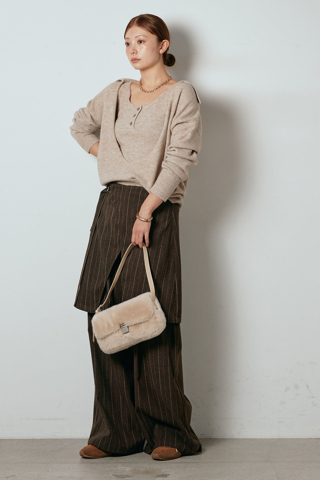 [SET]襟付きレイヤードニットトップス+細ストライプレイヤードデザインパンツ(2set)