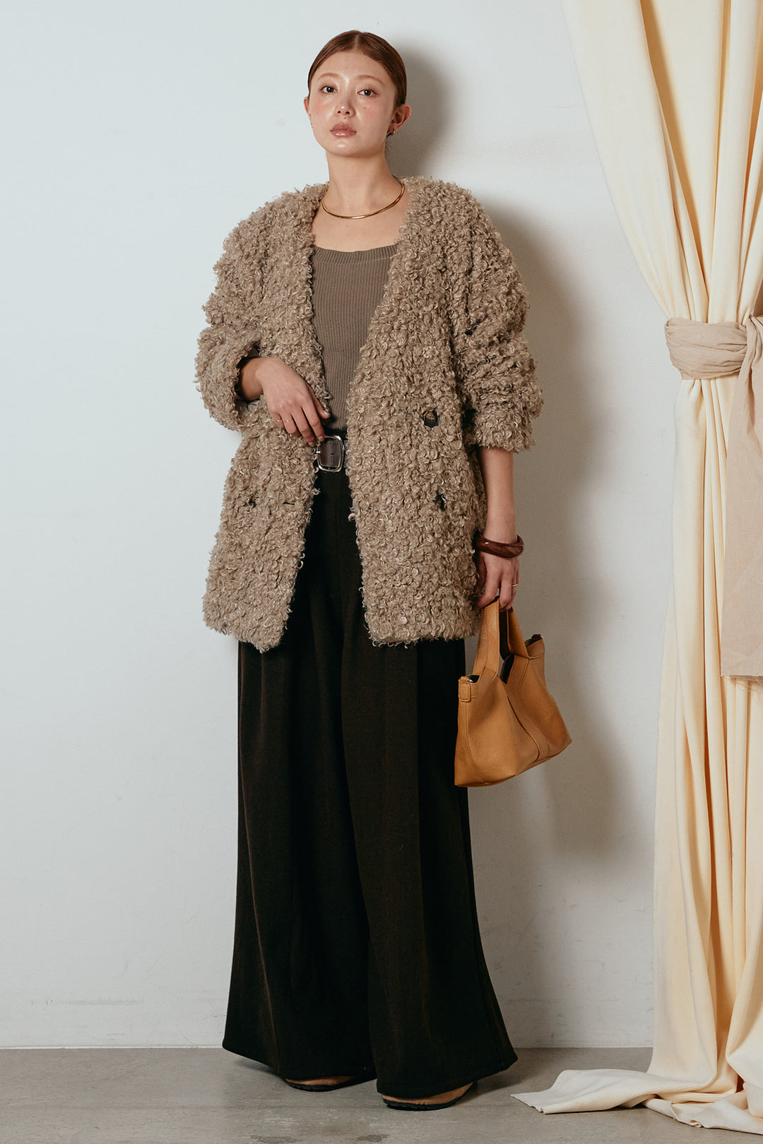 [SET]シープライクファージャケット+フェイクレザー太ベルト付きタックワイドパンツ(2set)