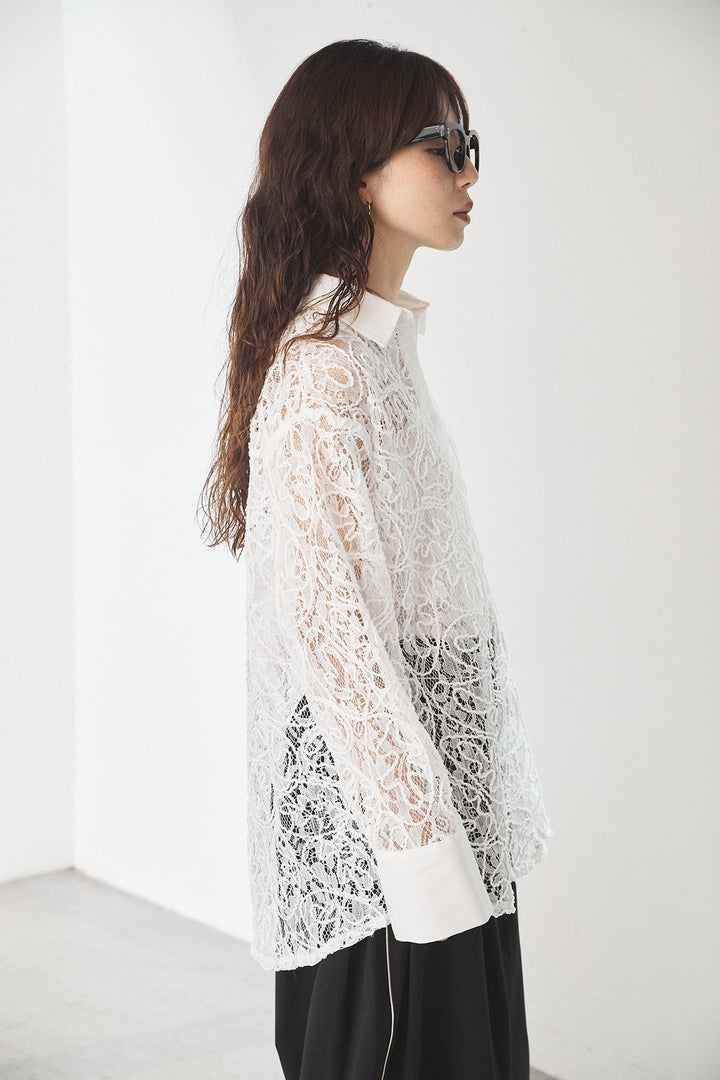 [SET]刺繍レースオーバーサイズシャツ+サテンレース切り替えタックパンツ(2set)