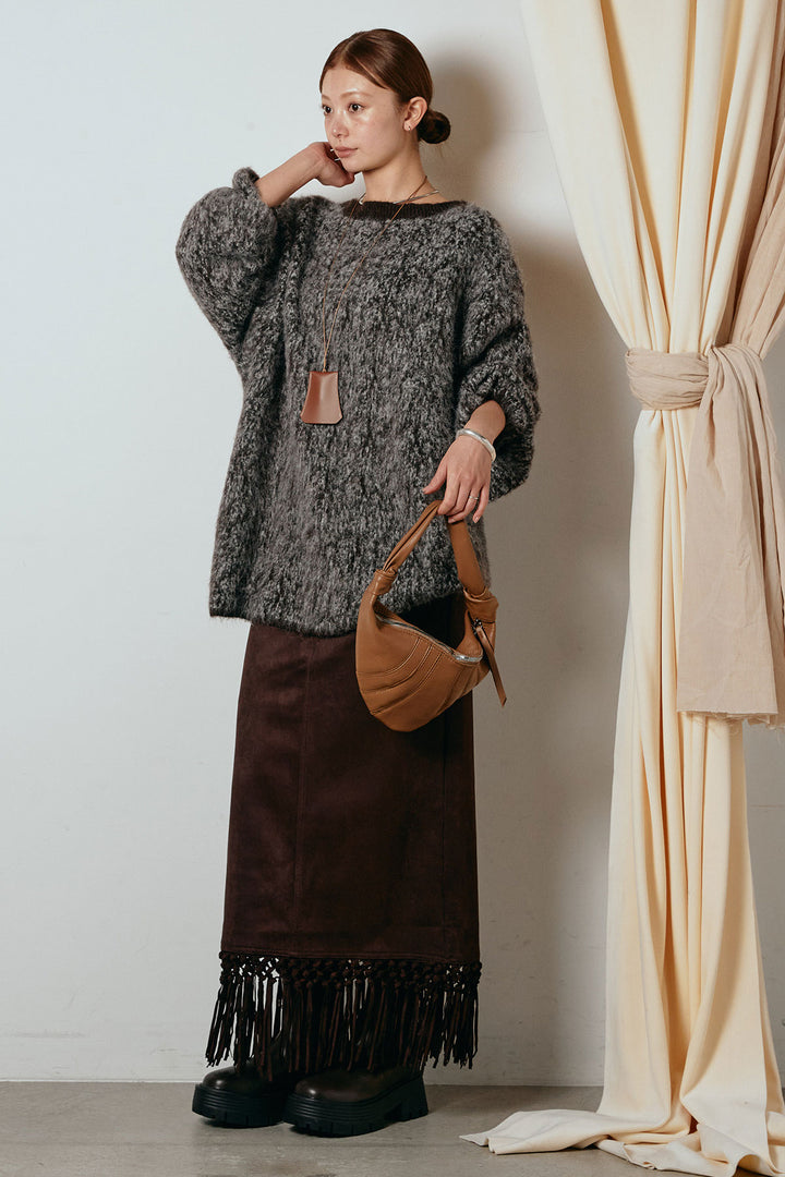 [SET]ボリュームスリーブミックスニットトップス+スウェードライク裾フリンジスカート(2set)