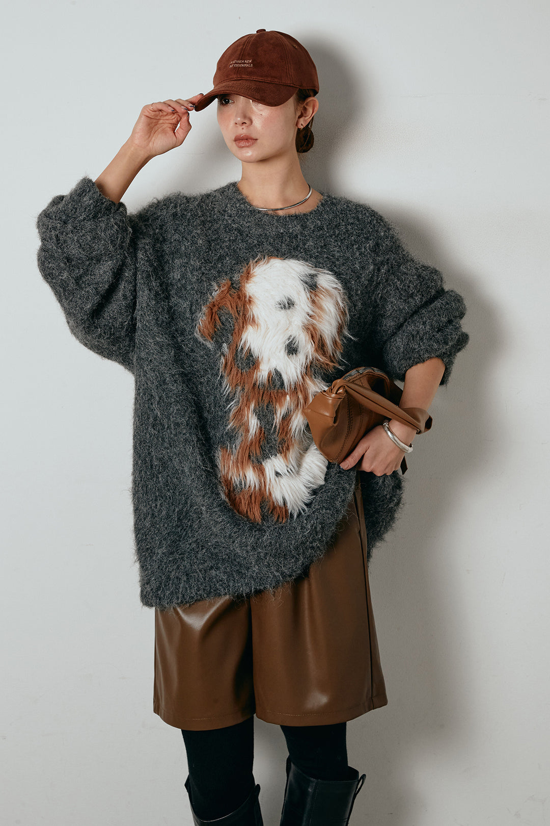 [SET]シャギーニュアンスアニマルニット+ストレッチエコレザーバミューダパンツ(2set)