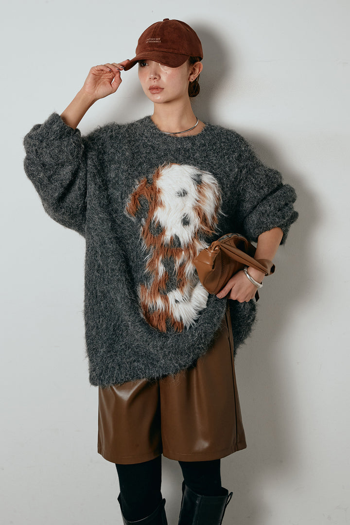 [SET]シャギーニュアンスアニマルニット+ストレッチエコレザーバミューダパンツ(2set)