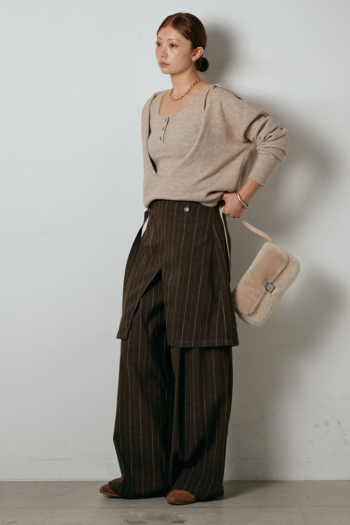 [SET]襟付きレイヤードニットトップス+細ストライプレイヤードデザインパンツ(2set)