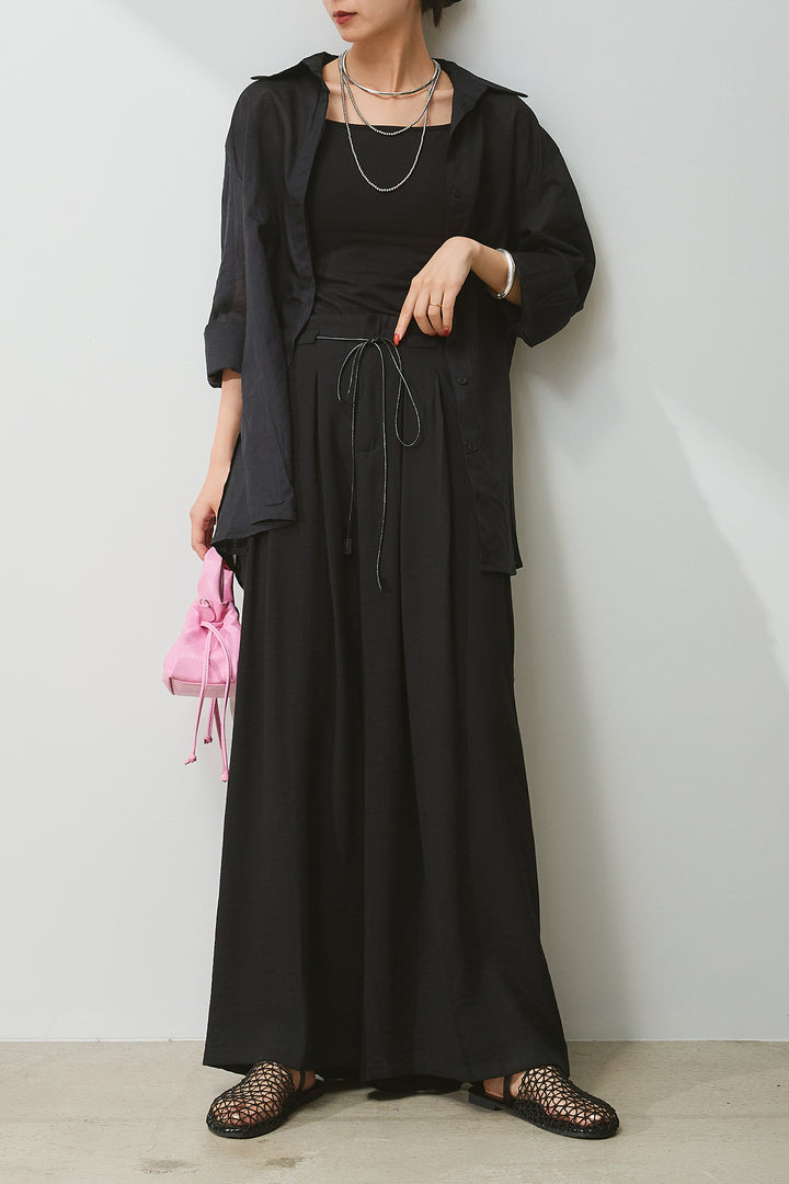 [SET]バックオープンオーバーシャツ+レザーベルト付きフレアワイドパンツ(2set)