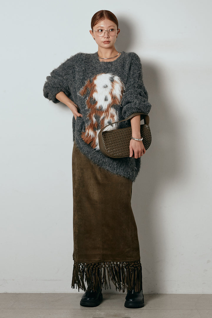 [SET]シャギーニュアンスアニマルニット+スウェードライク裾フリンジスカート(2set)