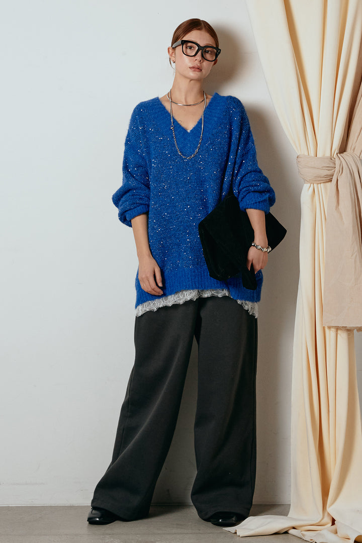 [SET]Vネックルーズラメニットトップス+裏起毛スウェットワイドパンツ(2set)