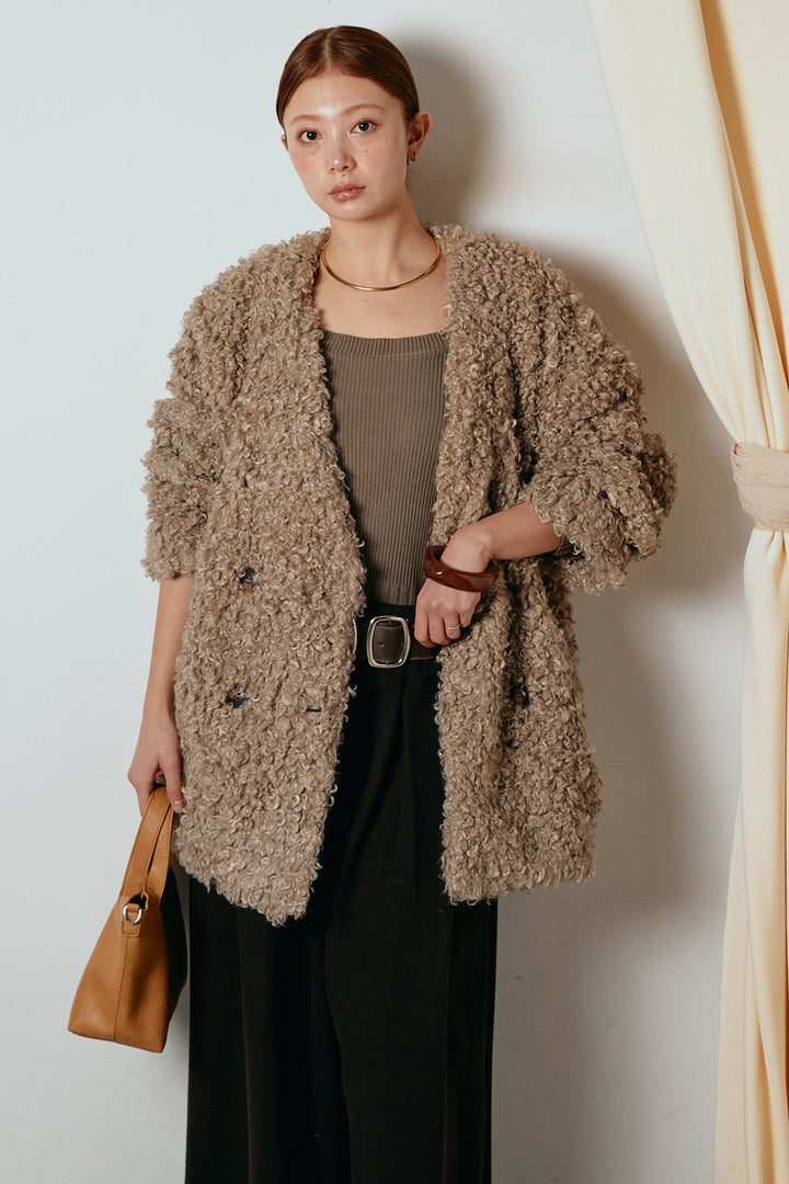 [SET]シープライクファージャケット+フェイクレザー太ベルト付きタックワイドパンツ(2set)