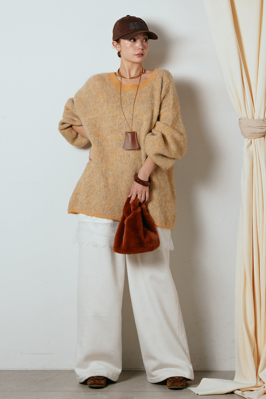 [SET]ボリュームスリーブミックスニットトップス+裏起毛スウェットワイドパンツ+レース切り替えキャミソール(3set)