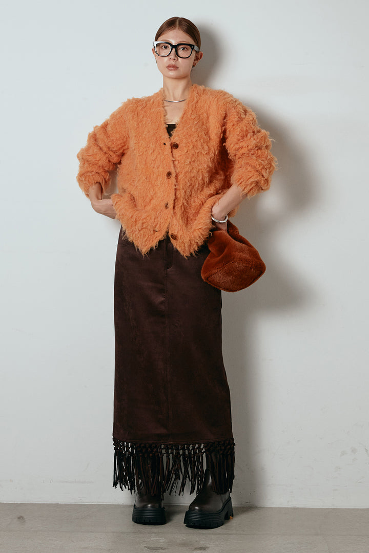 [SET]ルーズシャギーニットカーディガン+スウェードライク裾フリンジスカート(2set)