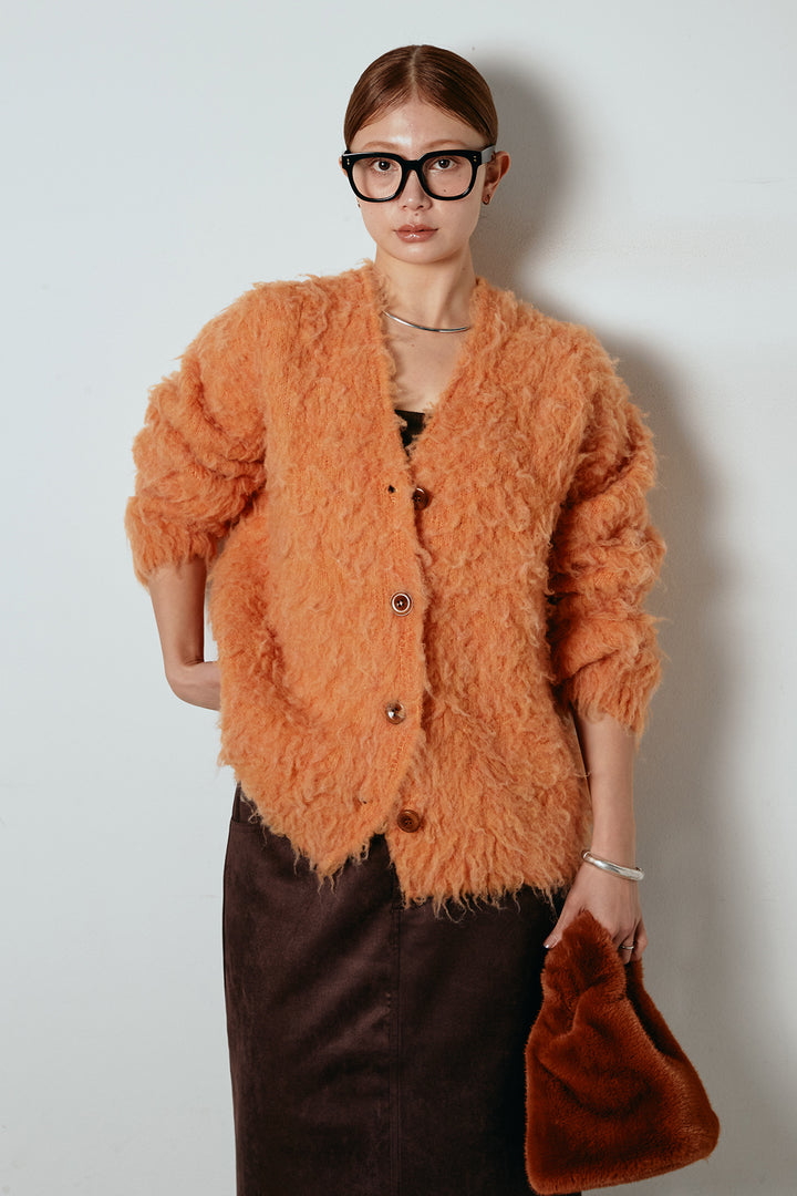 [SET]ルーズシャギーニットカーディガン+スウェードライク裾フリンジスカート(2set)