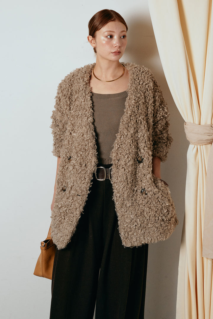 [SET]シープライクファージャケット+フェイクレザー太ベルト付きタックワイドパンツ(2set)