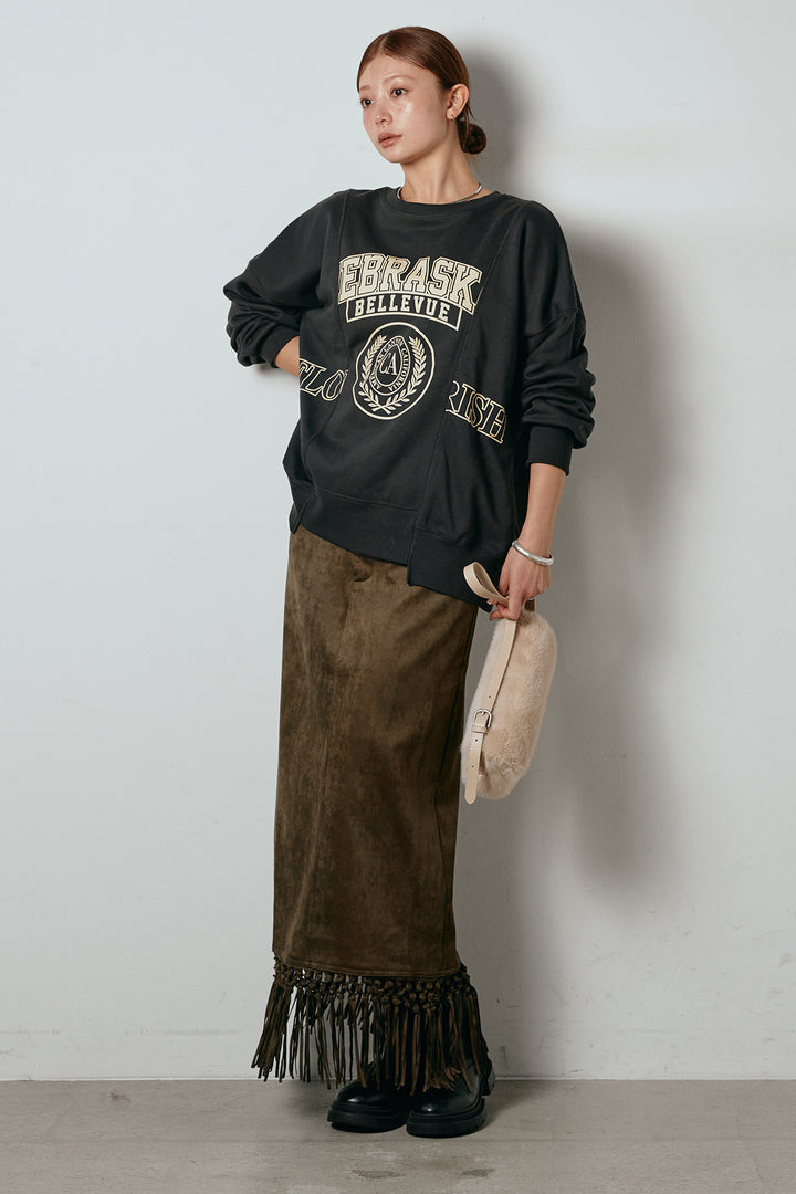 [SET]裏毛カレッジプリントプルオーバー+スウェードライク裾フリンジスカート(2set)