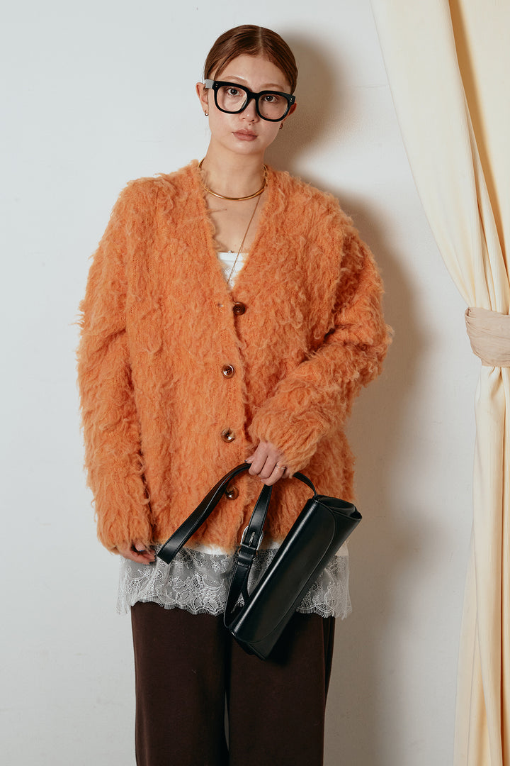 [SET]ルーズシャギーニットカーディガン+レース切り替えキャミソール(2set)