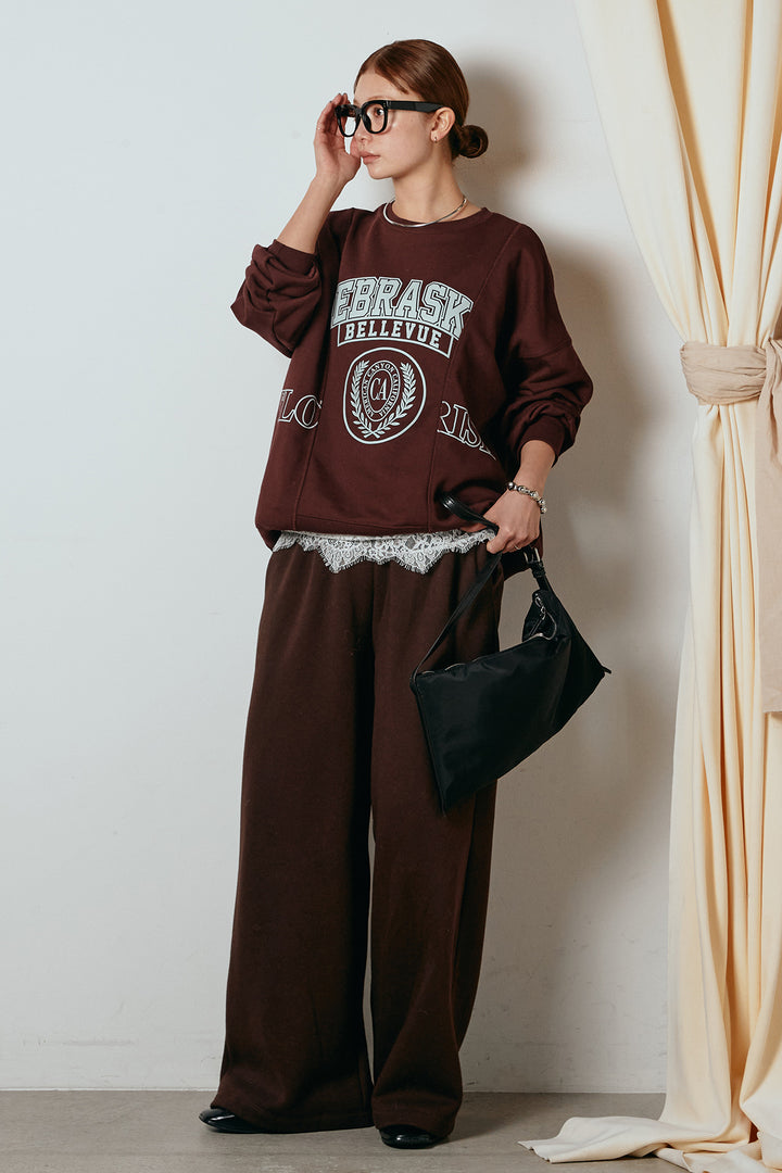 [SET]裏毛カレッジプリントプルオーバー+カップ付きレースドッキングキャミソール(2set)