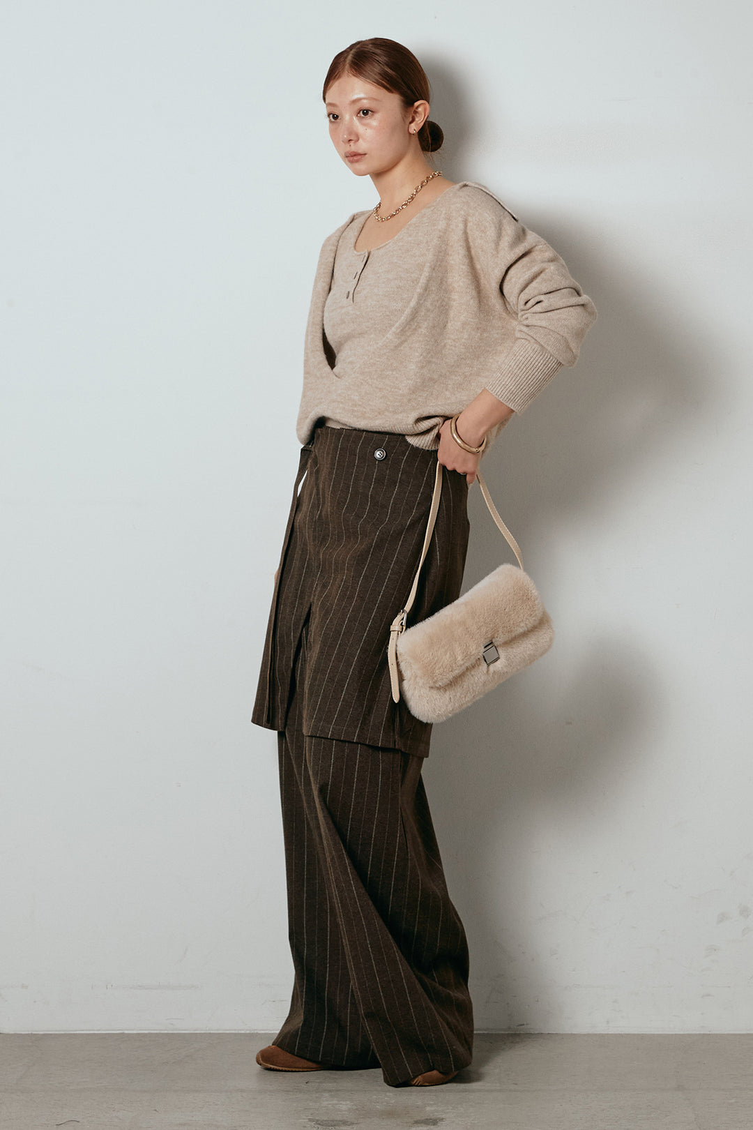 [SET]襟付きレイヤードニットトップス+細ストライプレイヤードデザインパンツ(2set)