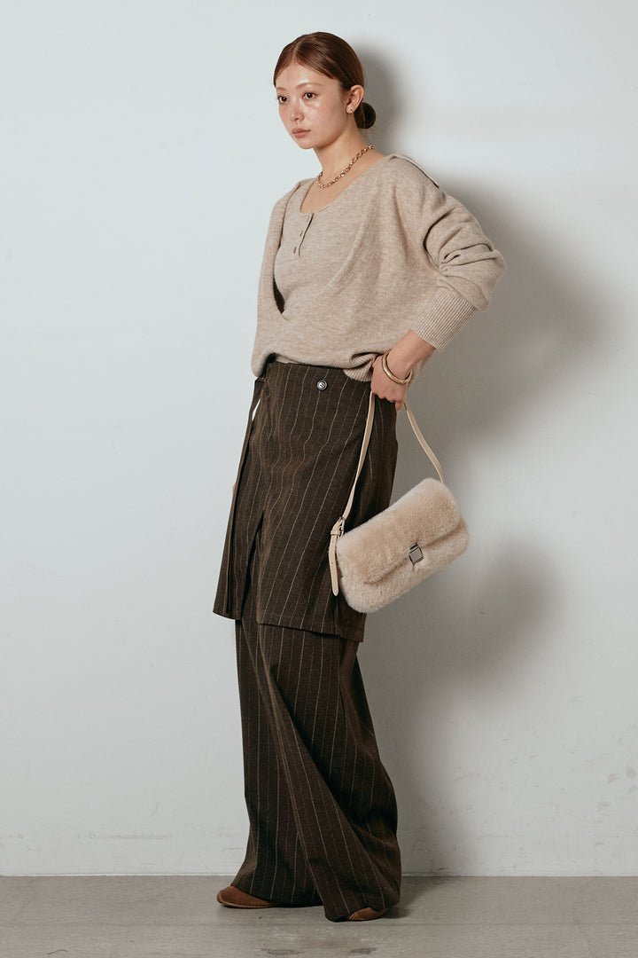 [SET]襟付きレイヤードニットトップス+細ストライプレイヤードデザインパンツ(2set)