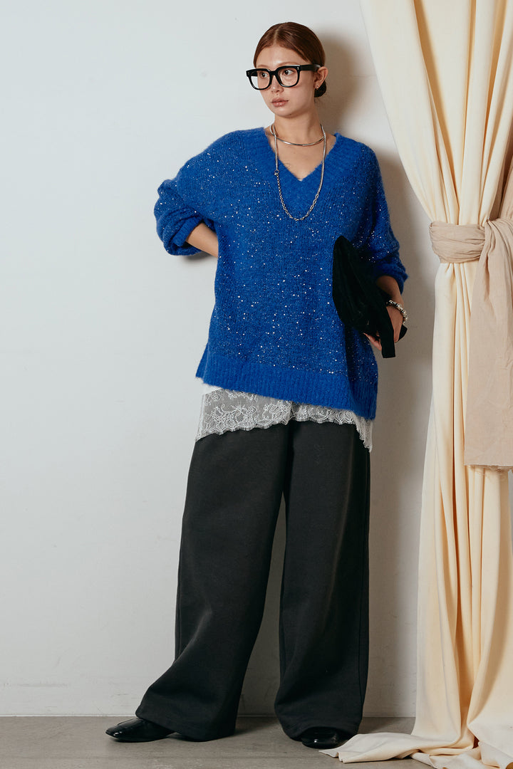 [SET]Vネックルーズラメニットトップス+レース切り替えキャミソール(2set)